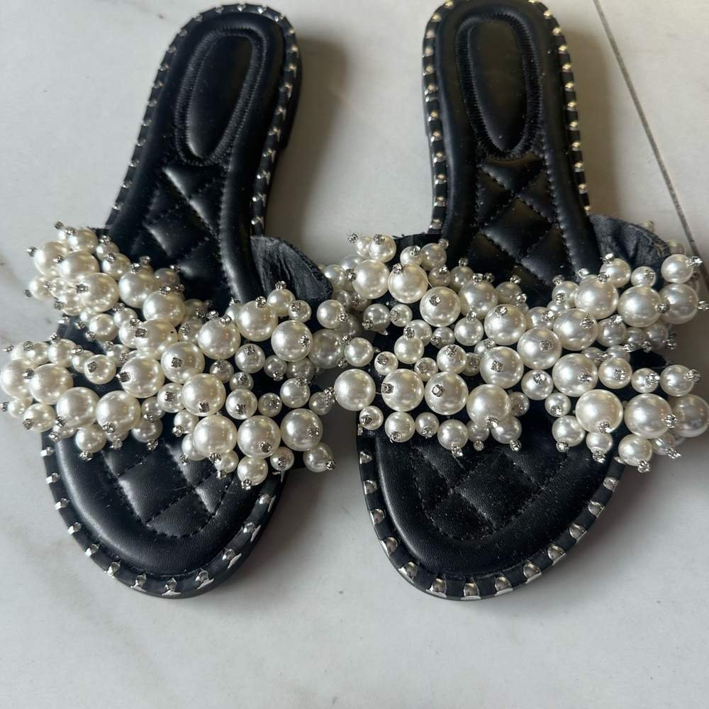 Slides pearl flats black beads bling 8 women new beach H